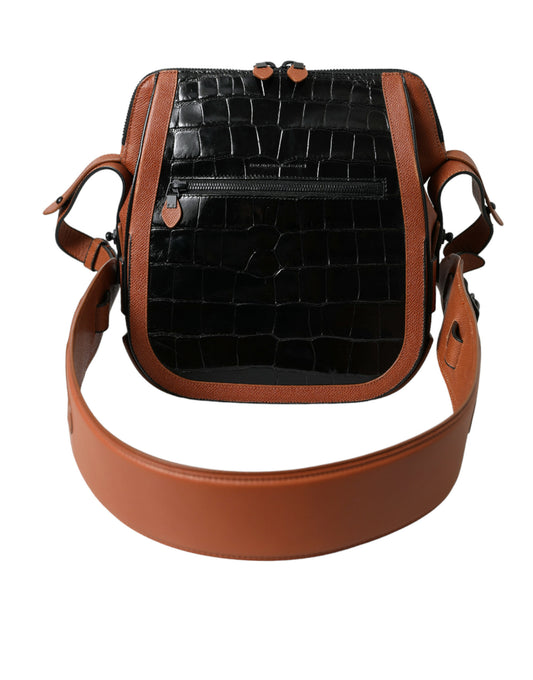 Schwarz Braun Exotische Haut Leder Vertikale Crossbody Geldbörse Tasche