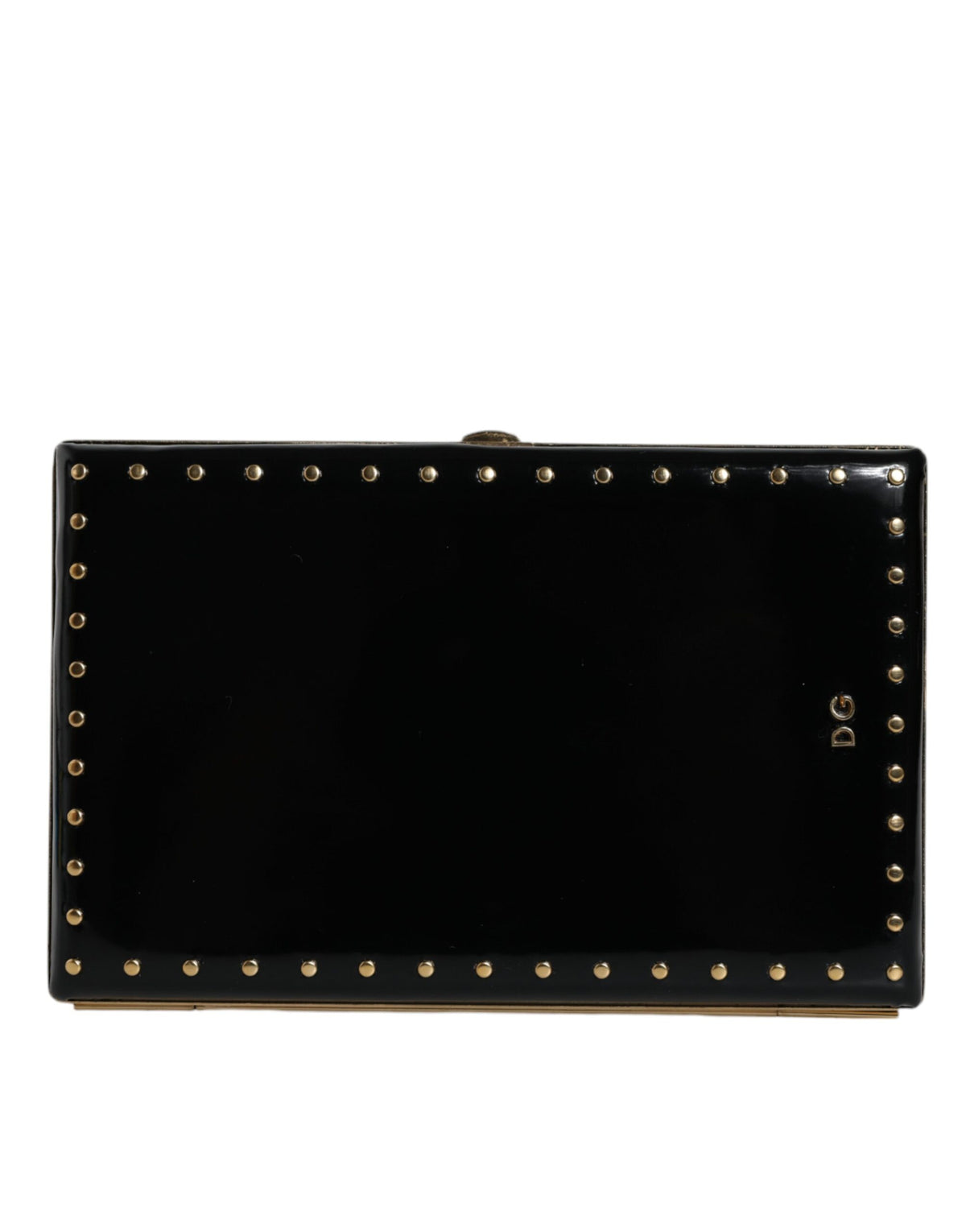 Black Leather Studded Gold Frame Clutch Evening Bag Purse