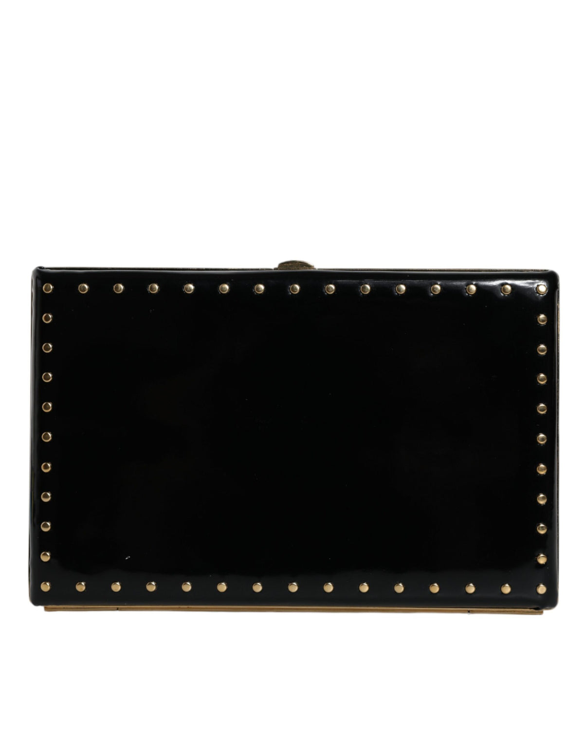 Black Leather Studded Gold Frame Clutch Evening Bag Purse